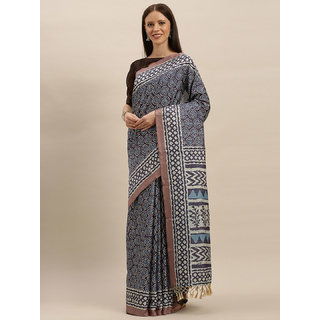 Meia Violet & Off-White Linen Blend Printed Bagru Saree - Sarees | Buy online on ZillyBuy
