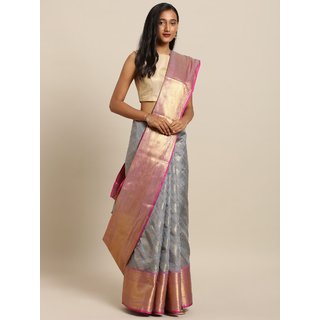 Meia Grey & Pink Silk Blend Woven Design Wedding Kanjeevaram Saree - Sarees | Buy online on ZillyBuy