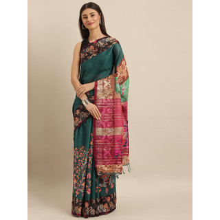 Meia Green & Pink Linen Blend Digital kalamkari Printed Saree - Sarees | Buy online on ZillyBuy