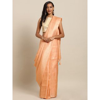 Meia Peach-Coloured & Gold-Toned Silk Blend Woven Design Baluchari Saree - Sarees | Buy online on ZillyBuy