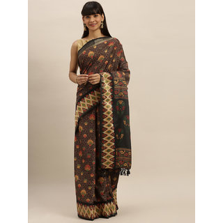 Meia Brown & Black Linen Blend Printed Pochampally Saree - Sarees | Buy online on ZillyBuy