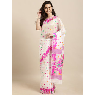 Meia White & Pink Silk Cotton Woven Design Jamdani Saree - Sarees | Buy online on ZillyBuy