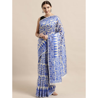 Meia Cream-Coloured & Blue Silk Cotton Woven Design Jamdani Saree - Sarees | Buy online on ZillyBuy