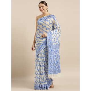 Meia Cream-Coloured & Blue Silk Cotton Woven Design Jamdani Saree - Sarees | Buy online on ZillyBuy