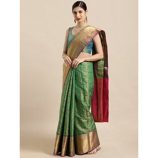Meia Green & Golden Silk Blend Woven Design Kanjeevaram Saree - Sarees | Buy online on ZillyBuy