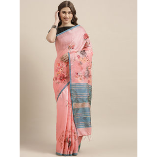 Meia Pink & Blue Linen Blend Printed Saree - Sarees | Buy online on ZillyBuy
