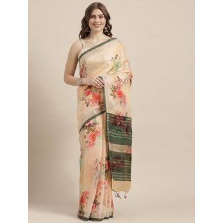 Meia Peach-Coloured & Green Linen Blend Flower Angolla Digital Printed Saree - Sarees | Buy online on ZillyBuy