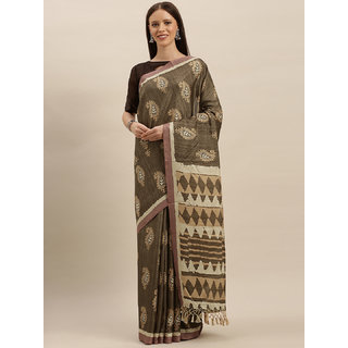Meia Brown & Beige Linen Blend Printed Bagru Saree - Sarees | Buy online on ZillyBuy