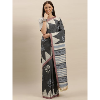 Meia Charcoal Grey & Off-White Linen Blend Printed Bagru Saree - Sarees | Buy online on ZillyBuy
