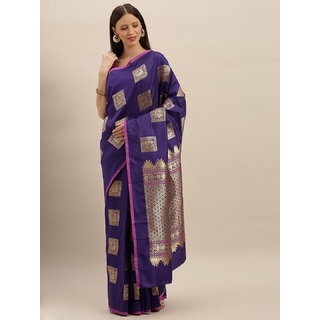 Meia Navy Blue & Gold-Coloured Silk Blend Woven Design Kanjeevaram Saree - Sarees | Buy online on ZillyBuy