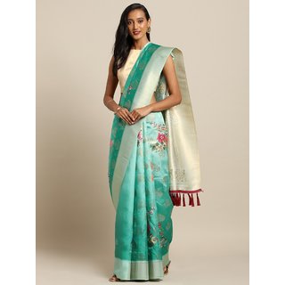 Meia Sea Green & Gold-Toned Silk Blend Woven Design Banarasi Saree - Sarees | Buy online on ZillyBuy