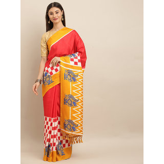 Meia Red & Yellow Linen Blend Checked Ikat Saree - Sarees | Buy online on ZillyBuy