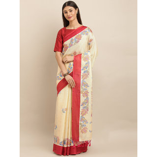 Meia Cream-Coloured & Pink Jute Silk Printed Ikat Saree - Sarees | Buy online on ZillyBuy