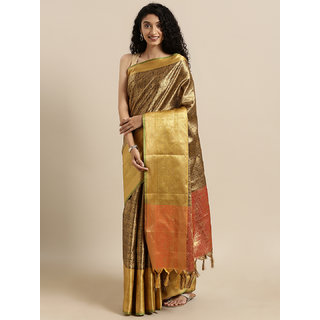 Meia Brown & Gold-Toned Silk Blend Woven Design Kanjeevaram Saree - Sarees | Buy online on ZillyBuy