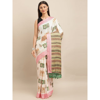Meia Off-White & Pink Jute Silk Printed Saree - Sarees | Buy online on ZillyBuy