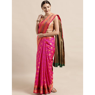 Meia Pink & Gold-Toned Silk Blend Woven Design Banarasi Saree - Sarees | Buy online on ZillyBuy