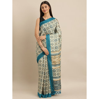 Meia Off-White & Teal Blue Jute Silk Printed Patola Saree - Sarees | Buy online on ZillyBuy