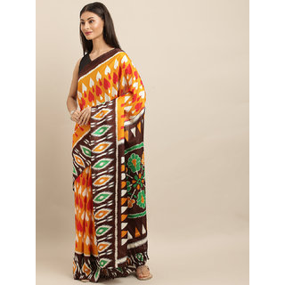 Meia Mustard Yellow & Brown Linen Blend Printed Ikat Saree - Sarees | Buy online on ZillyBuy