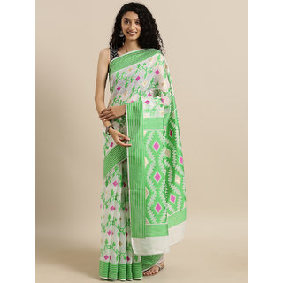 Meia White & Green Silk Cotton Woven Design Jamdani Saree - Sarees | Buy online on ZillyBuy