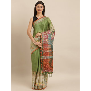 Meia Olive Green & Brown Linen Blend Digital kalamkari Printed Saree - Sarees | Buy online on ZillyBuy