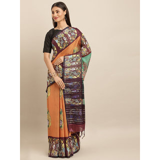 Meia Orange & Yellow Linen Blend Printed Ikat Saree - Sarees | Buy online on ZillyBuy