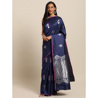 Meia Navy Blue & Silver-Toned Silk Blend Printed Kanjeevaram Saree - Sarees | Buy online on ZillyBuy