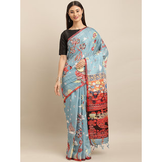 Meia Blue & Red Linen Blend Printed Ikat Saree - Sarees | Buy online on ZillyBuy