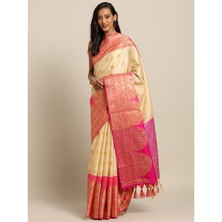 Meia Cream-Coloured & Gold-Toned Silk Blend Woven Design Kanjeevaram Saree - Sarees | Buy online on ZillyBuy