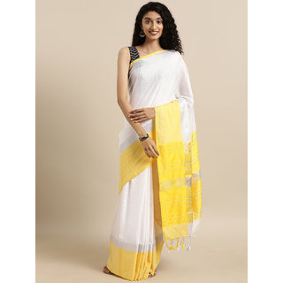 Meia White & Yellow Solid Angolla Linen Blend Saree - Sarees | Buy online on ZillyBuy