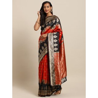 Meia Red & Black Silk Blend Woven Design Banarasi Saree - Sarees | Buy online on ZillyBuy