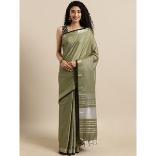 Meia Olive Green Solid Linen Blend Saree - Sarees | Buy online on ZillyBuy