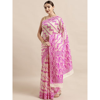 Meia Cream-Coloured & Pink Silk Cotton Woven Design Jamdani Saree - Sarees | Buy online on ZillyBuy