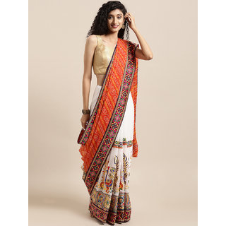 Meia White & Orange Pure Georgette Embroidered Bandhani Saree - Sarees | Buy online on ZillyBuy