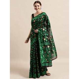 Meia Black & Green Silk Cotton Woven Design Jamdani Saree - Sarees | Buy online on ZillyBuy