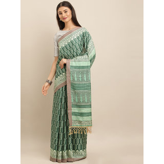 Meia Green & Brown Linen Blend Printed Bagru Saree - Sarees | Buy online on ZillyBuy