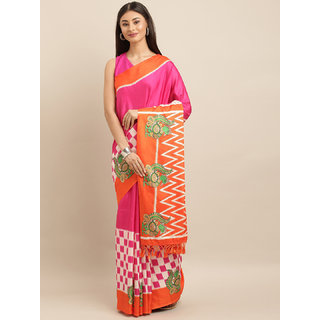Meia Pink & Orange Linen Blend Printed Ikat Saree - Sarees | Buy online on ZillyBuy