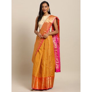 Meia Gold-Toned & Pink Silk Blend Woven Design Kanjeevaram Saree - Sarees | Buy online on ZillyBuy
