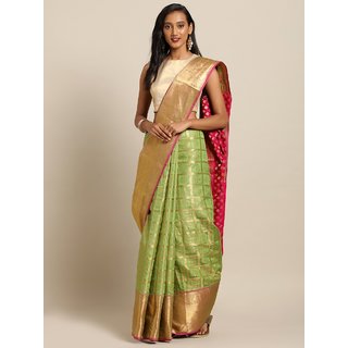 Meia Lime Green & Gold-Toned Silk Blend Woven Design Kanjeevaram Saree - Sarees | Buy online on ZillyBuy