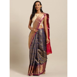 Meia Navy Blue & Gold-Toned Silk Blend Woven Design Kanjeevaram Saree - Sarees | Buy online on ZillyBuy