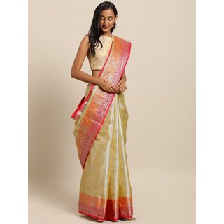 Meia Yellow & Silver-Toned Silk Blend Woven Design Kanjeevaram Saree - Sarees | Buy online on ZillyBuy