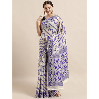 Meia Cream-Coloured & Purple Silk Cotton Woven Design Jamdani Saree - Sarees | Buy online on ZillyBuy