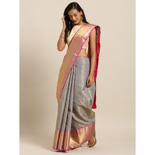 Meia Grey & Pink Silk Blend Woven Design Wedding Kanjeevaram Saree - Sarees | Buy online on ZillyBuy