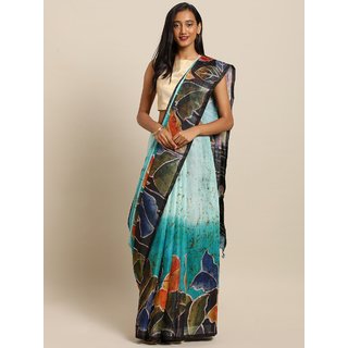 Meia Turquoise Blue & Brown Linen Blend Printed Khadi Saree - Sarees | Buy online on ZillyBuy