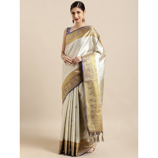 Meia Off-White & Silver-Toned Silk Blend Woven Design Kanjeevaram Saree - Sarees | Buy online on ZillyBuy