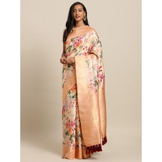 Meia Peach-Coloured & Pink Silk Blend Printed Banarasi Saree - Sarees | Buy online on ZillyBuy