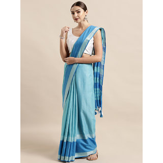 Meia Blue Solid Linen Blend Saree - Sarees | Buy online on ZillyBuy