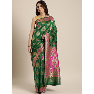 Meia Green & Gold-Toned Silk Blend Woven Design Banarasi Saree - Sarees | Buy online on ZillyBuy