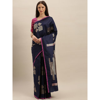 Meia Navy Blue & Gold-Toned Silk Blend Woven Design Kanjeevaram Saree - Sarees | Buy online on ZillyBuy