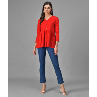 Vivient Women Red Three Button Peplum Top