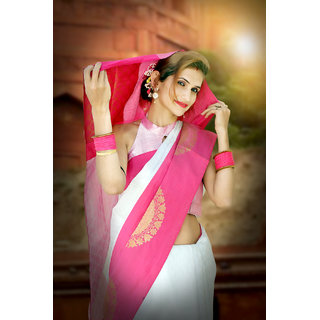 The Sarees hub Banarasi kora muslin zari border saree with blouse piece - Sarees | Buy online on ZillyBuy